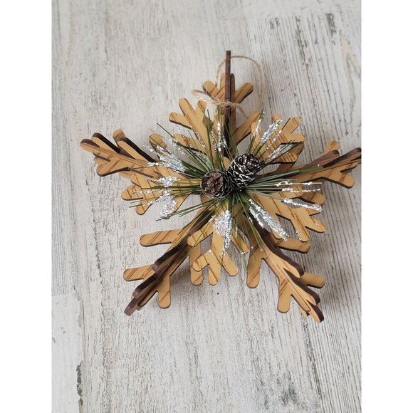 Wooden snowflake pine cone Frost snow glitter ornament Xmas - Picture 1 of 5